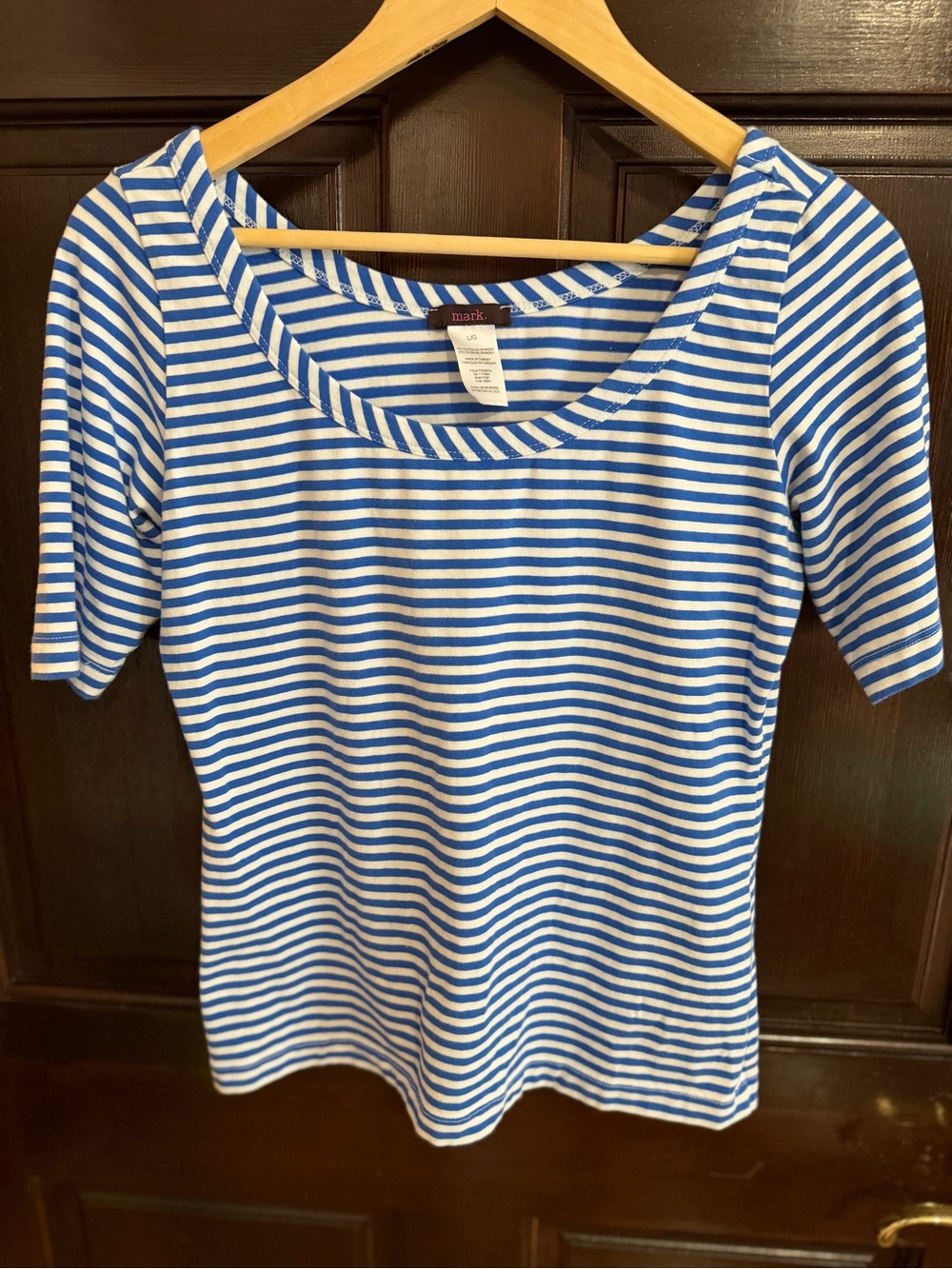 Mark. Blue and White Striped Scoop Neck Short Sleeve Top